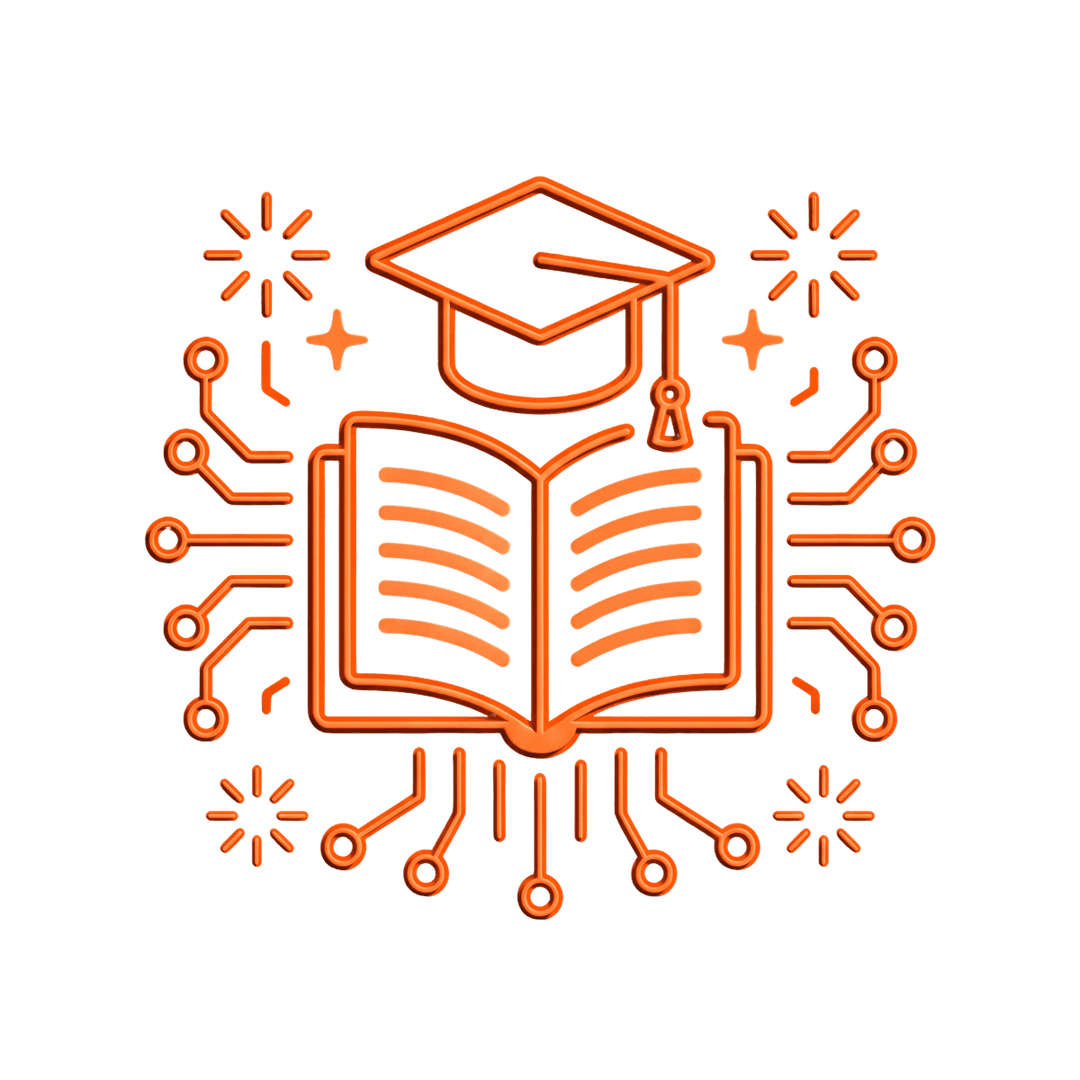 Logo EduNova — birrete de graduación con libro y circuitos neon